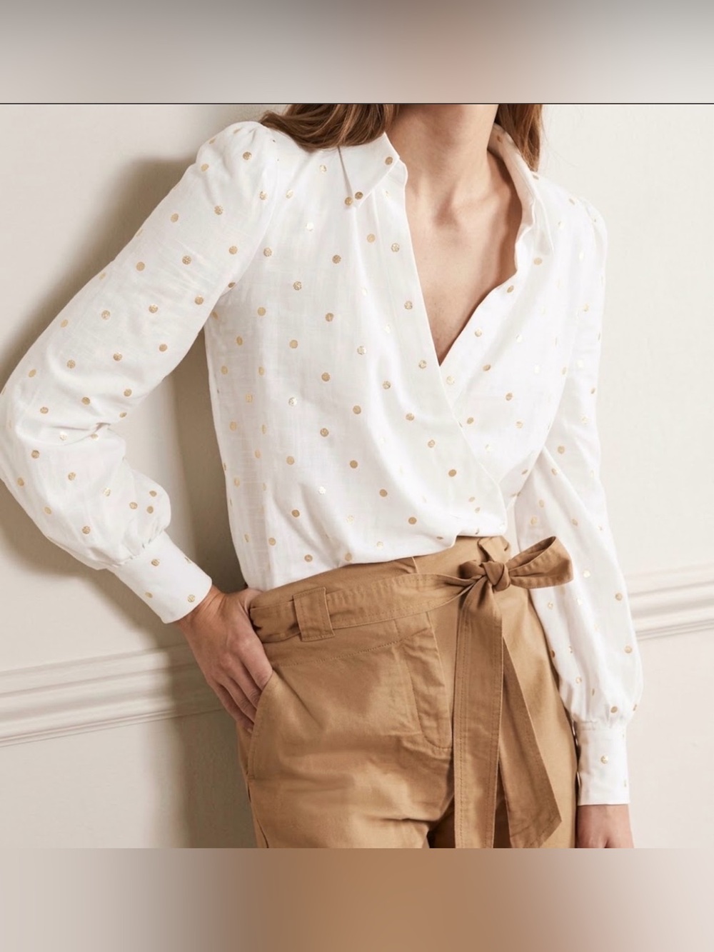 Boden Cotton Slub Golden Flowers Print V Neck , Size 10